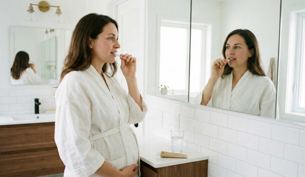 Trudnica ispred ogledala u kupatilu, drži četkicu za zube ili interdentalnu četkicu.