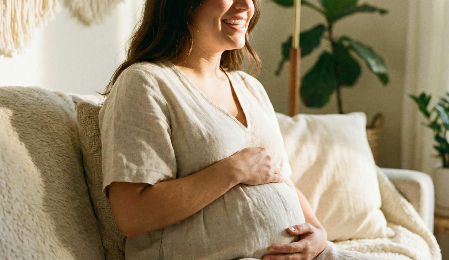 Prikaz sretne trudnice sa lijepim osmijehom, sugerišući da trudnoća i briga o sebi idu ruku pod ruku.