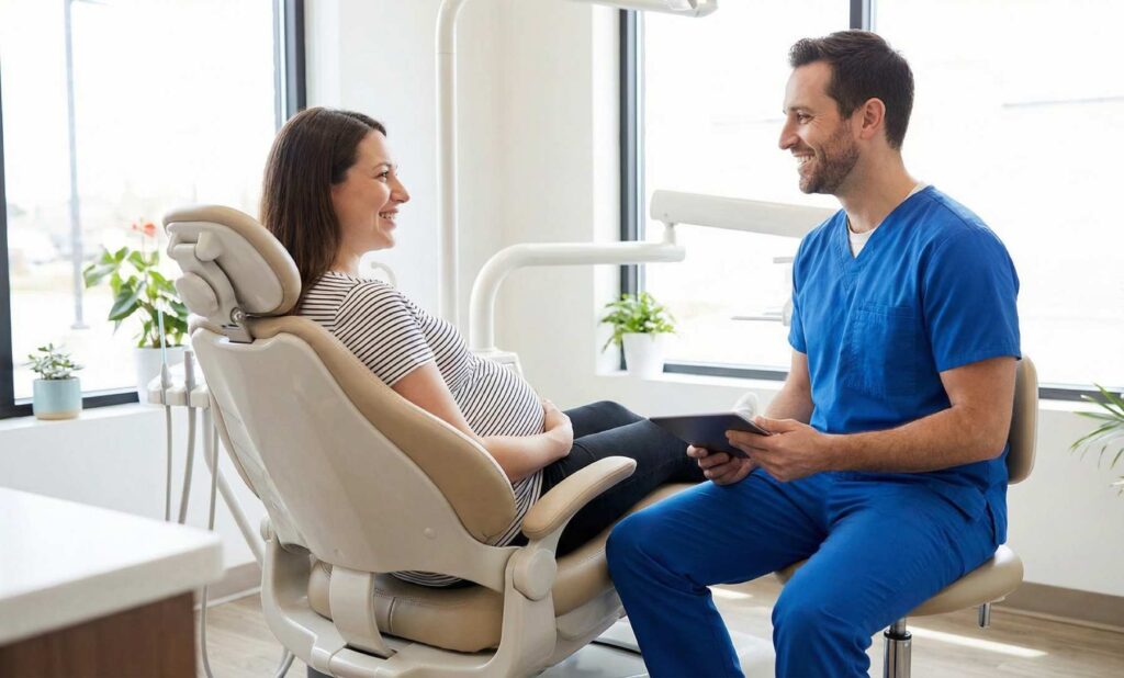 Trudnica sjedi u stomatološkoj stolic, razgovara sa ortodontom